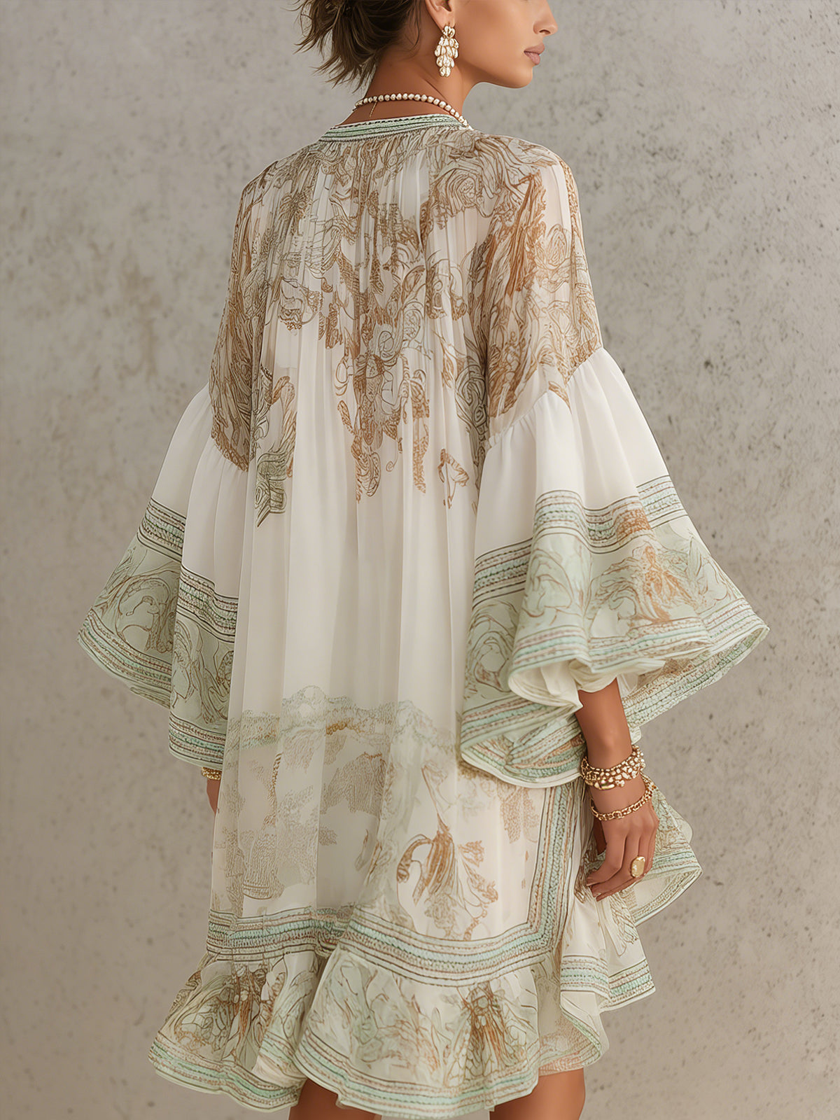 Vestido Mini en Chiffon con Rayas y Mangas de Volantes Verde