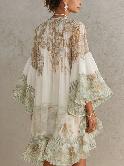Vestido Mini en Chiffon con Rayas y Mangas de Volantes Verde