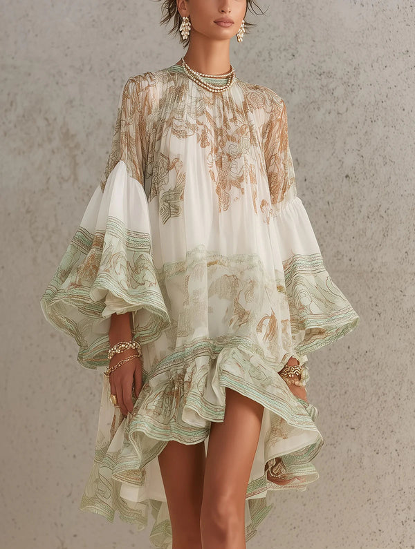 Vestido Mini en Chiffon con Rayas y Mangas de Volantes Verde