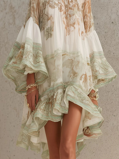 Vestido Mini en Chiffon con Rayas y Mangas de Volantes Verde