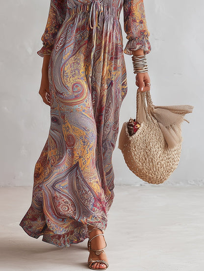 Vestido Maxi de Gasa con Estampado Paisley y Escote en V