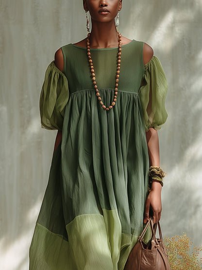 Vestido Midi en Chiffon Verde con Hombros Descubiertos