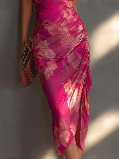 Vestido Bodycon sin Mangas con Estampado Floral Fucsia