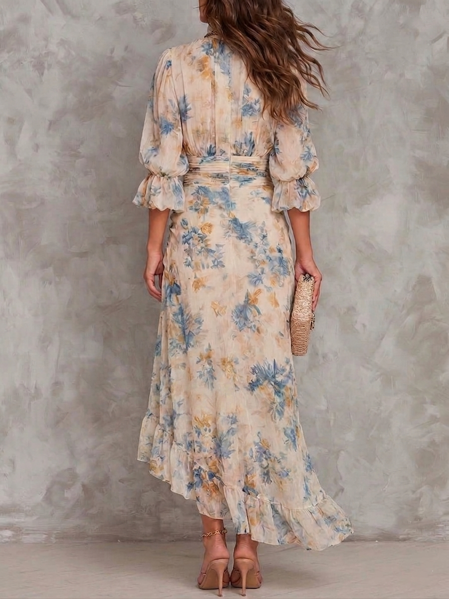 Vestido Maxi de Chifón Asimétrico con Estampado Floral