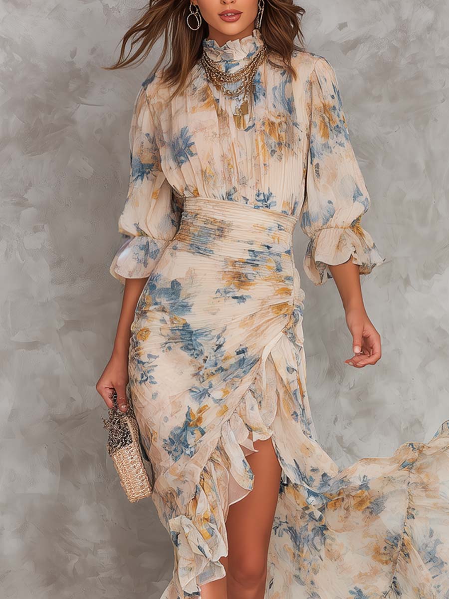 Vestido Maxi de Chifón Asimétrico con Estampado Floral