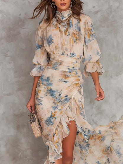 Vestido Maxi de Chifón Asimétrico con Estampado Floral