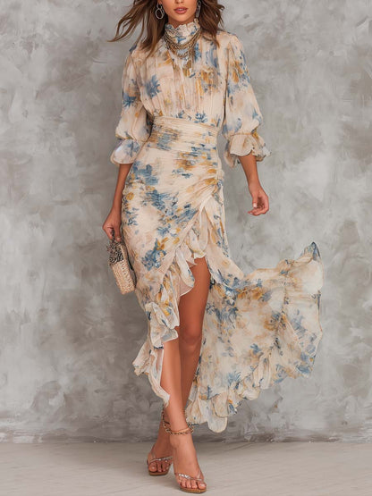 Vestido Maxi de Chifón Asimétrico con Estampado Floral