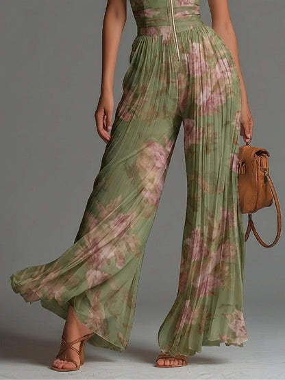 Mono en Chiffon Verde Floral Sin Mangas con Cremallera