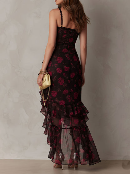 Vestido Chic Negro y Rojo con Flores y Volantes