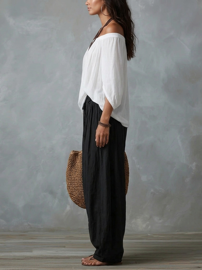 Conjunto de Top Blanco Off-Shoulder y Pantalón Ancho