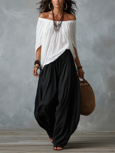 Conjunto de Top Blanco Off-Shoulder y Pantalón Ancho