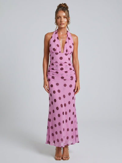 Vestido maxi sin espalda con lazo en la cintura de lunares