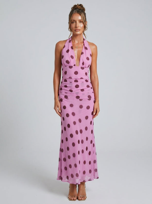 Vestido maxi sin espalda con lazo en la cintura de lunares