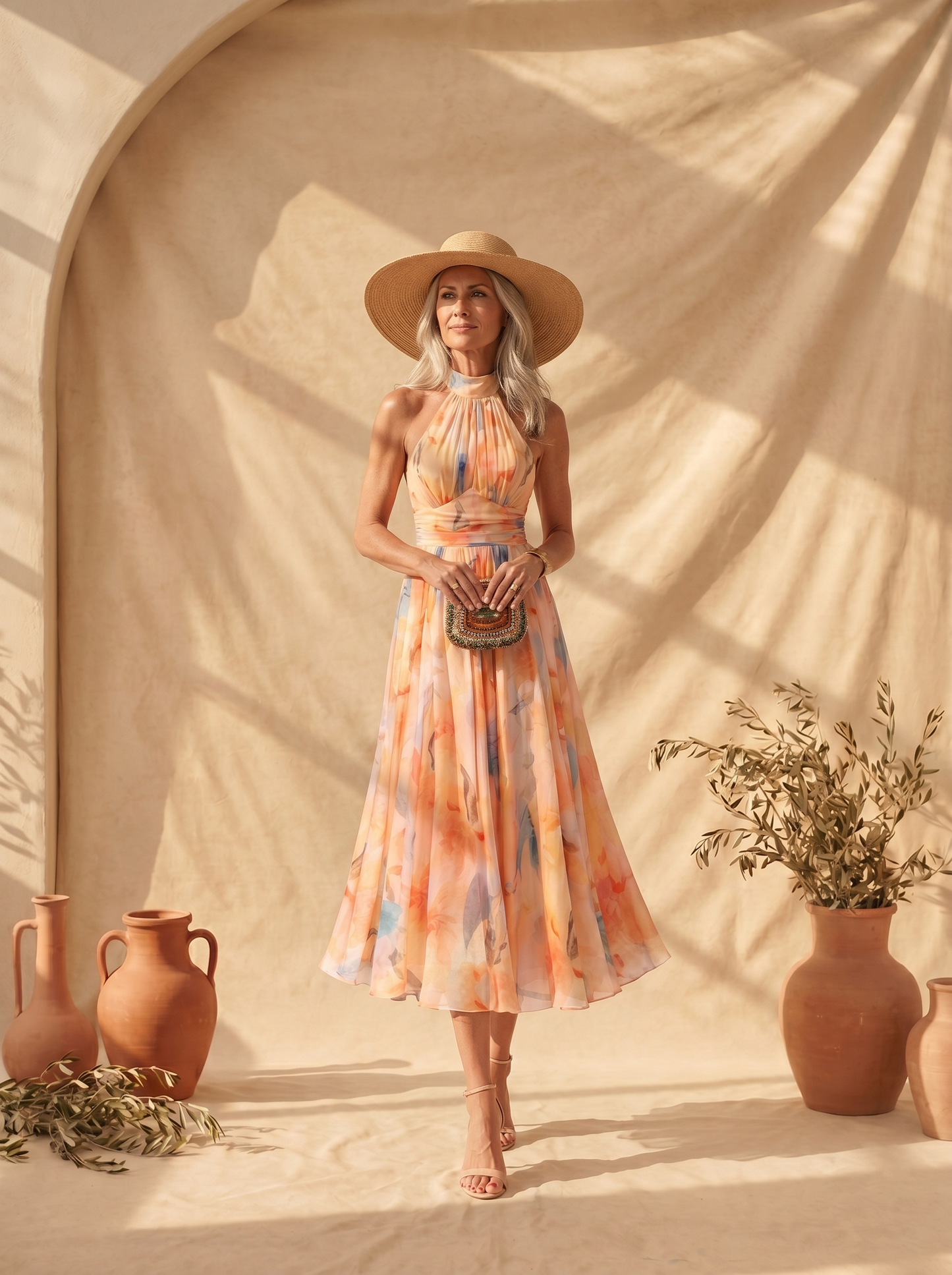 Aurora | Vestido con Cuello Halter e Impresión Acuarela