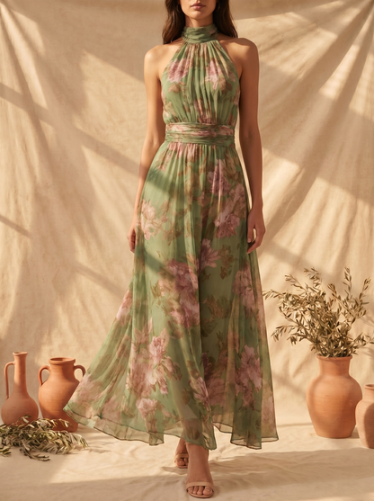 Livia | Vestido Maxi Halter Floral Elegante