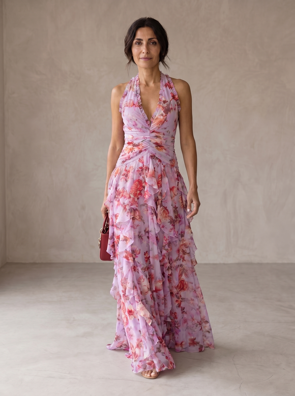 Belladina | Romántica Cascada de Rosas Vestido Largo con Escote Americana