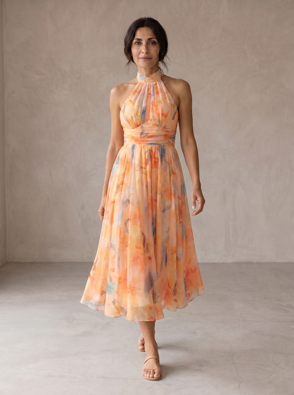 Aurora | Vestido con Cuello Halter e Impresión Acuarela